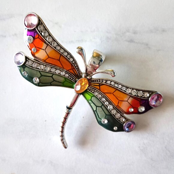 Dragonfly Brooch Enamel Rhinestone Magnetic Hinged Clasp - Picture 1 of 4